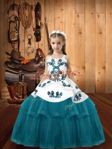 Elegant Floor Length Ball Gowns Sleeveless Teal Pageant Gowns Lace Up