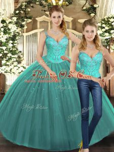 Hot Selling Turquoise Tulle Lace Up Straps Sleeveless Floor Length 15th Birthday Dress Beading