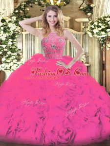 Hot Pink Tulle Zipper Halter Top Sleeveless Floor Length Vestidos de Quinceanera Beading and Ruffles