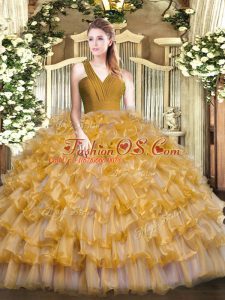 V-neck Sleeveless Organza Quinceanera Gowns Ruffled Layers Zipper