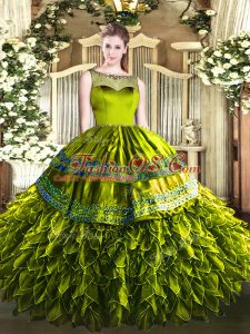 Olive Green Zipper Scoop Beading and Ruffles Ball Gown Prom Dress Organza and Taffeta Sleeveless
