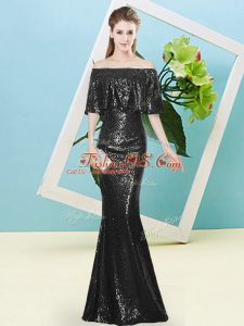 Black Sequined Zipper Off The Shoulder Half Sleeves Floor Length Prom Gown Sequins