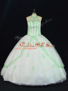 Inexpensive White Sleeveless Floor Length Appliques Lace Up 15th Birthday Dress