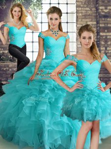 Custom Fit Organza Off The Shoulder Sleeveless Lace Up Beading and Ruffles and Pick Ups Quinceanera Gowns in Aqua Blue