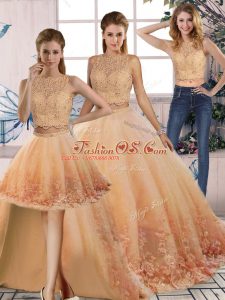 Peach Backless Quinceanera Dress Lace Sleeveless Sweep Train