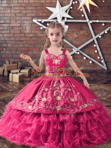 Floor Length Hot Pink Little Girl Pageant Gowns Straps Sleeveless Lace Up