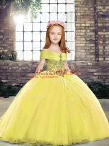 Lace Up Pageant Dress Toddler Yellow for Party and Sweet 16 and Wedding Party with Beading Brush Train