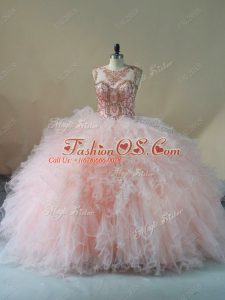 Flare Scoop Sleeveless Tulle Quinceanera Dresses Beading and Ruffles Brush Train Lace Up