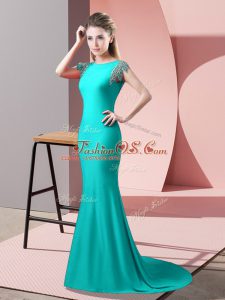 Fine Turquoise Short Sleeves Elastic Woven Satin Brush Train Backless Prom Party Dress for Prom and Party