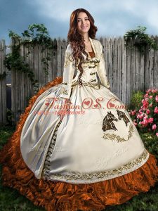 Brown Satin and Organza Lace Up Sweetheart Sleeveless Floor Length Quinceanera Gowns Beading and Embroidery