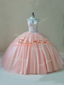 Custom Designed Halter Top Sleeveless Tulle Sweet 16 Dress Beading and Lace Lace Up