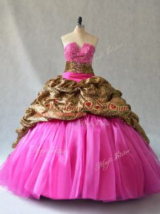 Fitting Beading and Pick Ups Sweet 16 Dresses Hot Pink Lace Up Sleeveless Brush Train