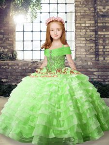 Ball Gowns Straps Sleeveless Organza Floor Length Lace Up Beading and Ruffled Layers Girls Pageant Dresses