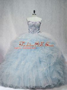 Decent Light Blue Tulle Lace Up 15th Birthday Dress Sleeveless Brush Train Beading and Ruffles