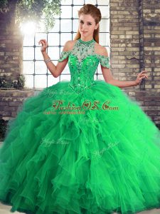 Modest Beading and Ruffles Ball Gown Prom Dress Green Lace Up Sleeveless Floor Length