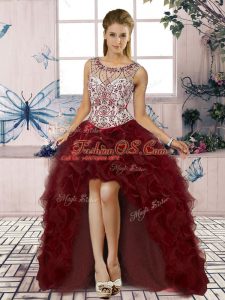 Burgundy Prom and Party with Beading and Ruffles Scoop Sleeveless Lace Up