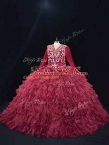 Low Price Burgundy V-neck Lace Up Ruffled Layers Vestidos de Quinceanera Long Sleeves