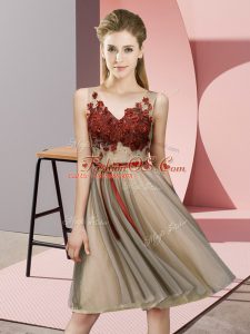 Champagne V-neck Neckline Appliques Wedding Guest Dresses Sleeveless Lace Up