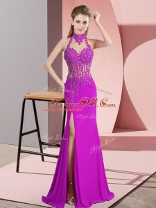 Flare Sleeveless Chiffon Floor Length Backless Prom Dress in Fuchsia with Lace and Appliques