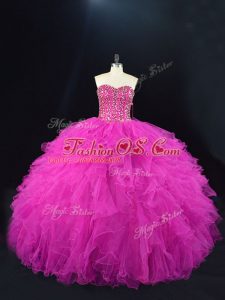 Noble Fuchsia Ball Gowns Sweetheart Sleeveless Tulle Floor Length Lace Up Beading and Ruffles Quinceanera Dress