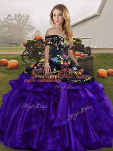Black And Purple Ball Gowns Organza Off The Shoulder Sleeveless Embroidery and Ruffles Floor Length Lace Up Quinceanera Dresses