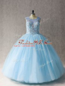 Pretty Light Blue Tulle Lace Up Vestidos de Quinceanera Sleeveless Floor Length Beading