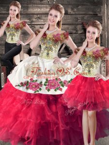 Edgy Embroidery and Ruffles Quince Ball Gowns Pink And White Lace Up Sleeveless Floor Length