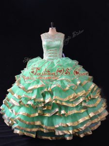 Customized Floor Length Apple Green Quinceanera Dresses Organza Sleeveless Ruffles