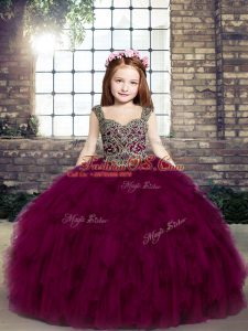 Classical Fuchsia Straps Neckline Beading Little Girl Pageant Dress Sleeveless Lace Up