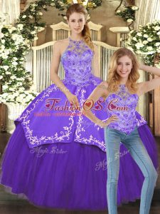 Beauteous Purple Sleeveless Satin and Tulle Lace Up Quinceanera Gown for Military Ball and Sweet 16 and Quinceanera
