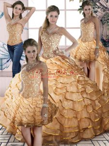 Most Popular Ball Gowns Sleeveless Gold Vestidos de Quinceanera Brush Train Lace Up