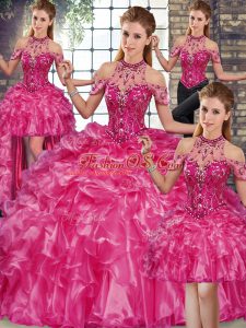 Fuchsia Quince Ball Gowns Military Ball and Sweet 16 and Quinceanera with Beading and Ruffles Halter Top Sleeveless Lace Up