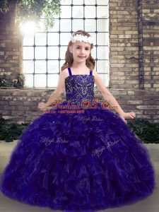 Floor Length Purple Pageant Dress for Girls Straps Sleeveless Lace Up