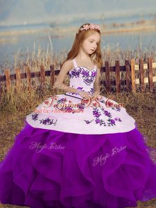 Admirable Embroidery and Ruffles Child Pageant Dress Purple Lace Up Sleeveless Floor Length