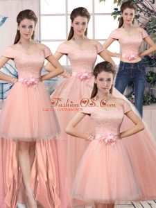 Tulle Off The Shoulder Short Sleeves Lace Up Lace and Hand Made Flower Quinceanera Dress in Pink