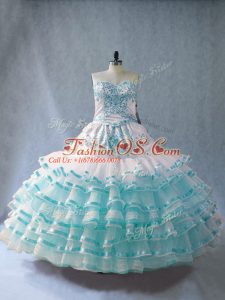 Popular Floor Length Lace Up Quince Ball Gowns Blue And White for Sweet 16 and Quinceanera with Embroidery and Ruffled Layers