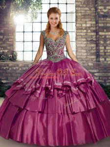 On Sale Fuchsia Quinceanera Dress Military Ball and Sweet 16 and Quinceanera with Beading and Ruffled Layers Straps Sleeveless Lace Up