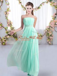 Aqua Blue Empire Strapless Sleeveless Chiffon Sweep Train Lace Up Beading Wedding Party Dress