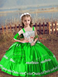 Green Ball Gowns Satin Straps Sleeveless Beading and Embroidery Floor Length Lace Up Little Girl Pageant Gowns