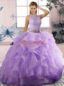 Hot Selling Lavender Scoop Neckline Beading and Ruffles Ball Gown Prom Dress Sleeveless Zipper