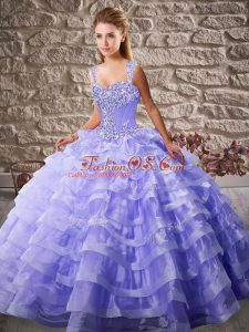 Lavender Ball Gown Prom Dress Organza Court Train Sleeveless Beading and Ruffled Layers