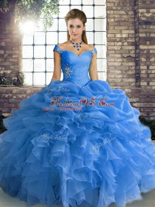 Top Selling Blue Organza Lace Up Off The Shoulder Sleeveless Floor Length 15 Quinceanera Dress Beading and Ruffles and Pick Ups