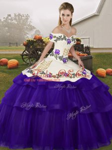 Fancy Sleeveless Brush Train Lace Up Embroidery and Ruffled Layers Quince Ball Gowns