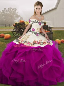 White And Purple Ball Gowns Tulle Off The Shoulder Sleeveless Embroidery and Ruffles Floor Length Lace Up Quinceanera Gown