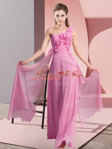 Perfect Floor Length Lace Up Quinceanera Court of Honor Dress Rose Pink for Wedding Party with Hand Made Flower