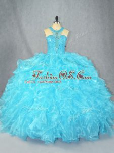 Stunning Baby Blue Ball Gowns Beading and Ruffles Quinceanera Dresses Zipper Organza Sleeveless Floor Length