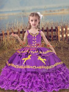 Wonderful Ball Gowns Little Girl Pageant Dress Eggplant Purple Straps Organza Sleeveless Floor Length Lace Up