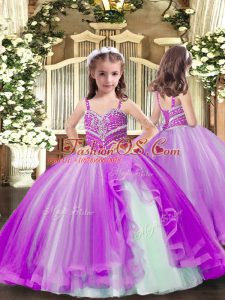 Tulle Spaghetti Straps Sleeveless Lace Up Beading Little Girls Pageant Gowns in Purple