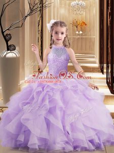 Fashionable Beading and Ruffles Little Girls Pageant Dress Lavender Lace Up Sleeveless Floor Length