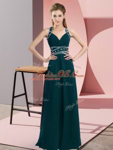 Cheap Peacock Green Sleeveless Beading Floor Length Prom Dresses